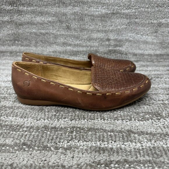 BORN Women's 6.5 Maple Loafers Brown  Leather Basket Weave Boho Look - Picture 1 of 9